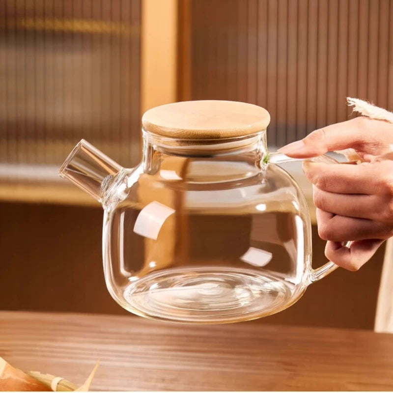 GIANXI 1000ML Transparent Glass Elegant Water Jugs With Wooden Cover Kitchen Coffee Pot Coffeeware Teaware Beverage Dispenser