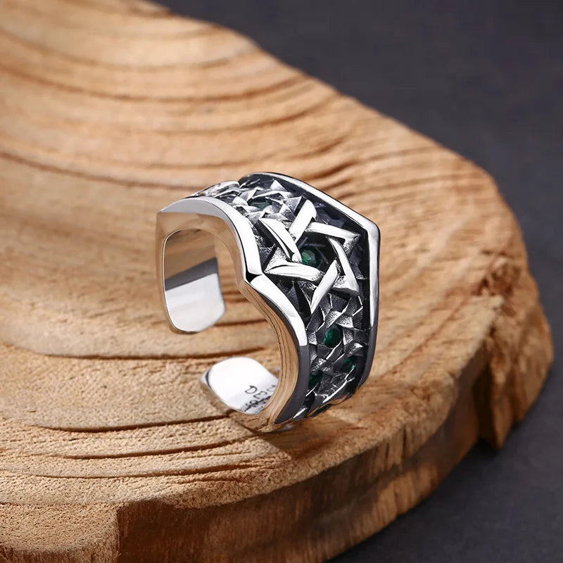 Wholesale 925 sterling silver ring six-pointed star stone men's ring opening thai silver retro trendyy personalized jewelry