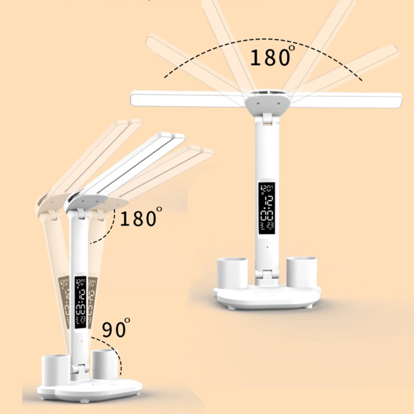 مصباح طاولة LED مزدوج الرأس متعدد الوظائف قابل للطي مع ساعة تقويم ومنفذ USB ومصباح مكتب لغرفة النوم بجانب السرير ومصباح قراءة مزاجي