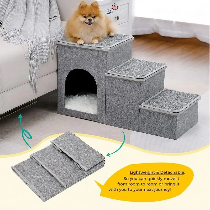 3-Step Pet Safe Stair Folding Dog Bed Ladder Portable Non-Slip Cat Stairs Durable Puppy Ramp Stairs For Indoor/Outdoor Dog Steps