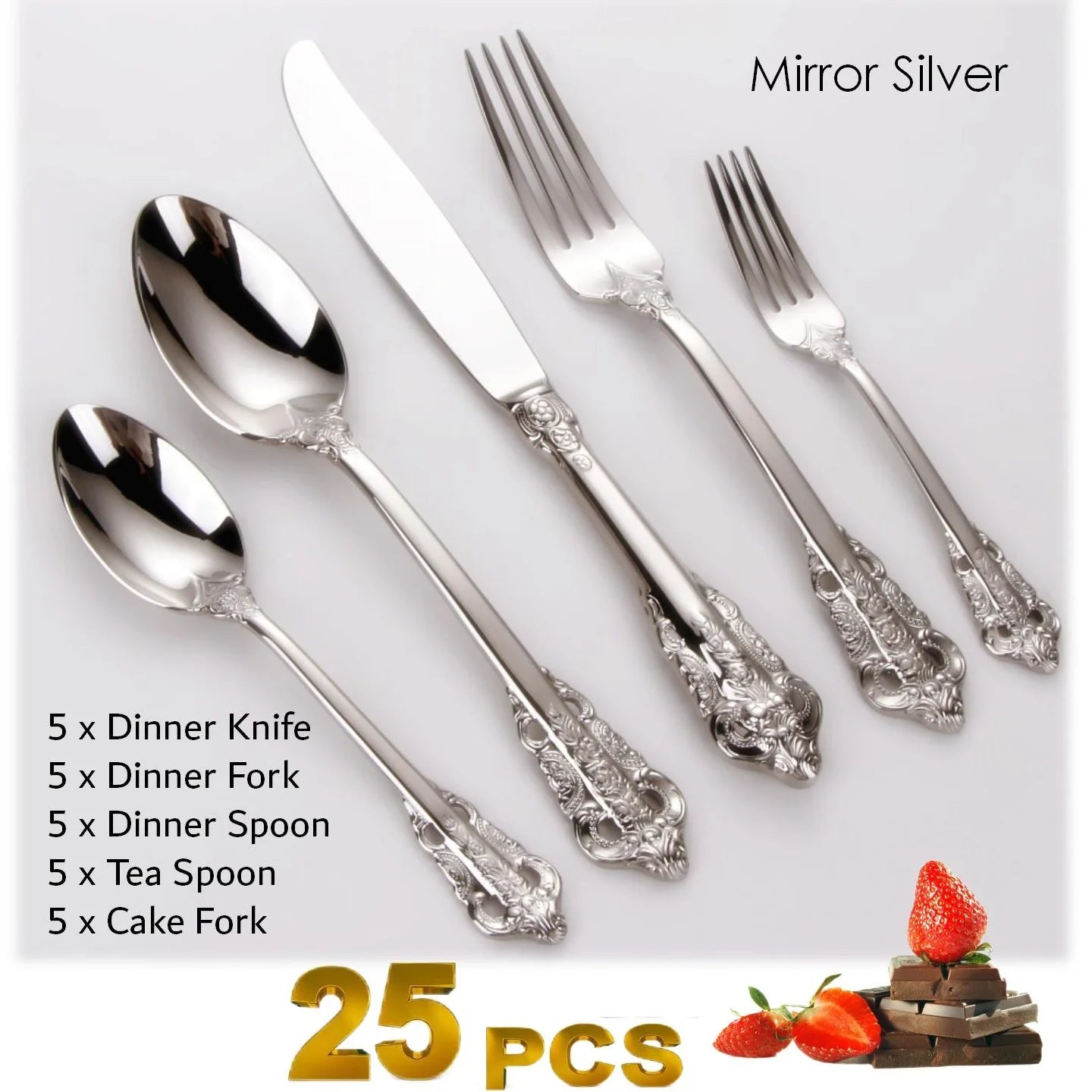 Gorgeous Gold-Plated Cutlery Set 5/10/15/20/25/30 PCS Luxury Stainless Steel Flatware Set Baroque Hollow Handle Dinner Knife