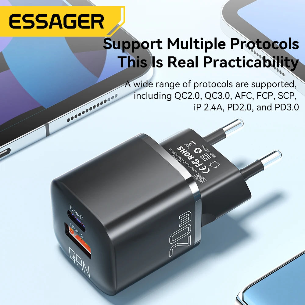 شاحن Essager 20W GaN USB Type C للشحن السريع PD QC 3.0 للهواتف الذكية iPhone 14 13 12 11 Pro Max Mini iPad