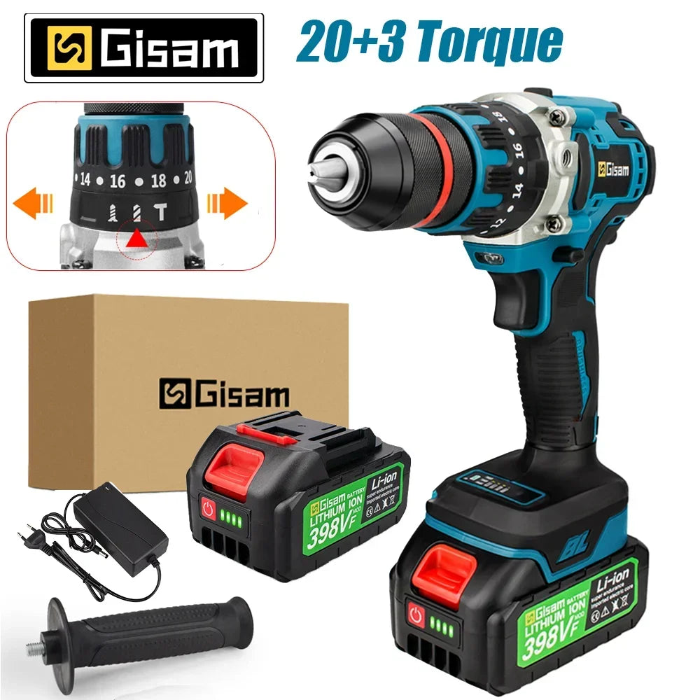 Gisam 480 N.M Electric Impact Drill Screwdriver Rotary Hammer Brushless Drill for Makita 18V Battery 3 In 1 Handled Power Tool