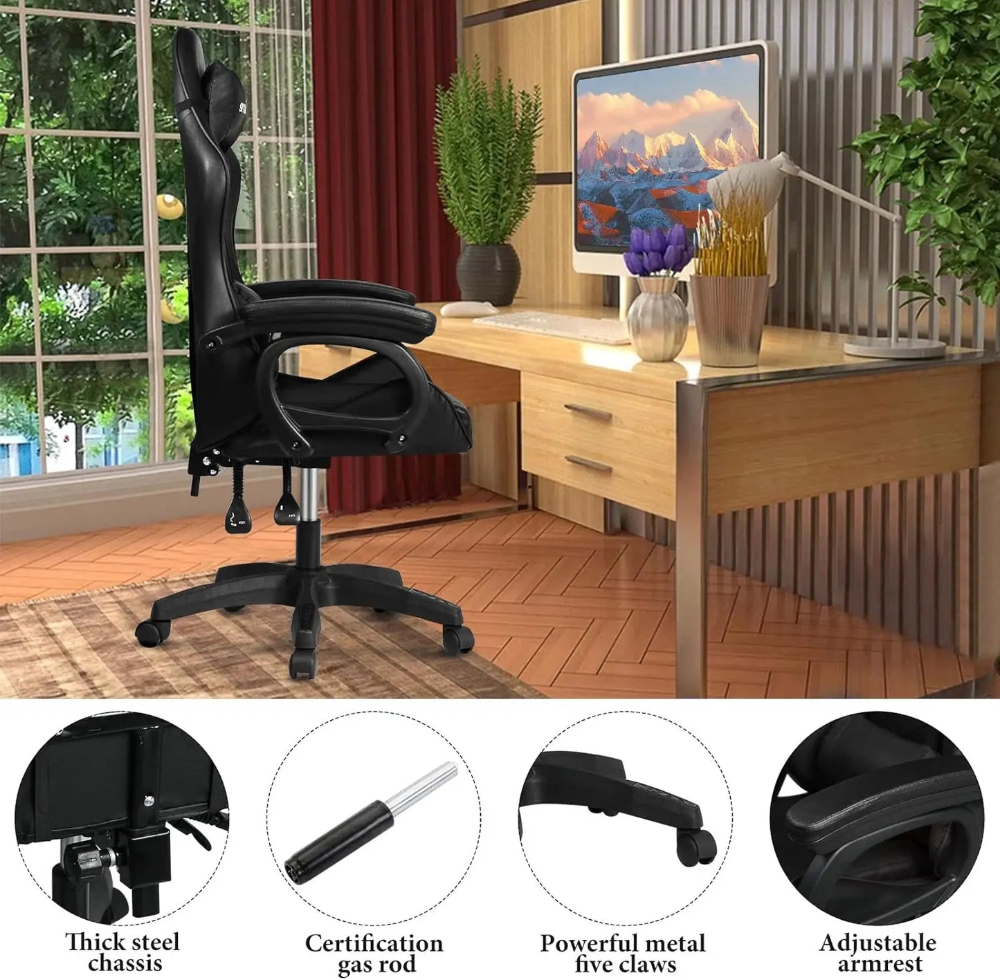 Gaming chair Adjustable Computer chair Pc office Pu Leather HighBack, Ergonomic Lumbar Support,Armrest  Pillow，Black