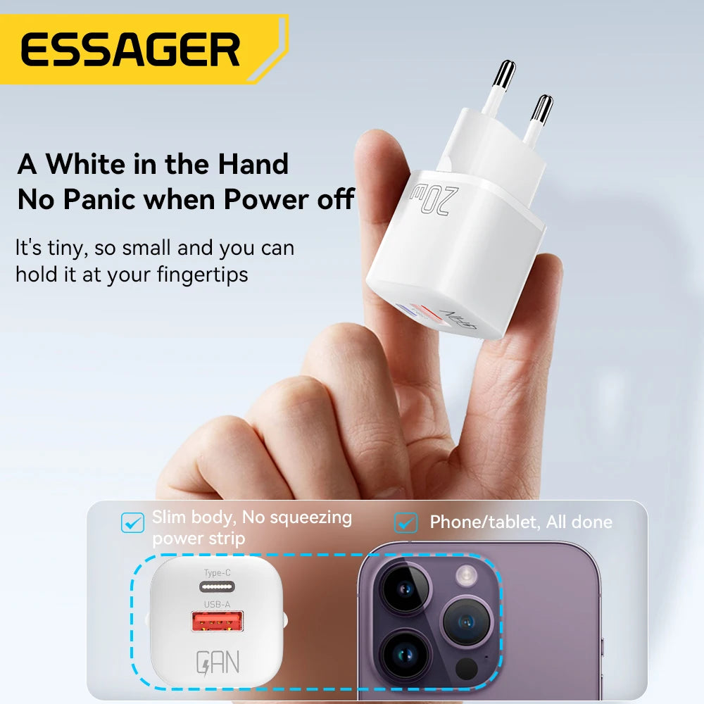 شاحن Essager 20W GaN USB Type C للشحن السريع PD QC 3.0 للهواتف الذكية iPhone 14 13 12 11 Pro Max Mini iPad