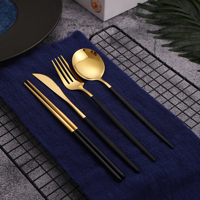 12-16 Pcs Black Gold Cutlery Set Chopsticks Knife Fork Spoon Golden Stainless Steel Korean Dinnerware Set Luxury Tableware Set