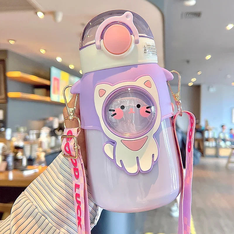 Portable Cute Water Bottle Insulated Cup Children Straw Thermal Tumbler Cartoon Thermos 316 Stainless Steel Vacuum Flasks Girls