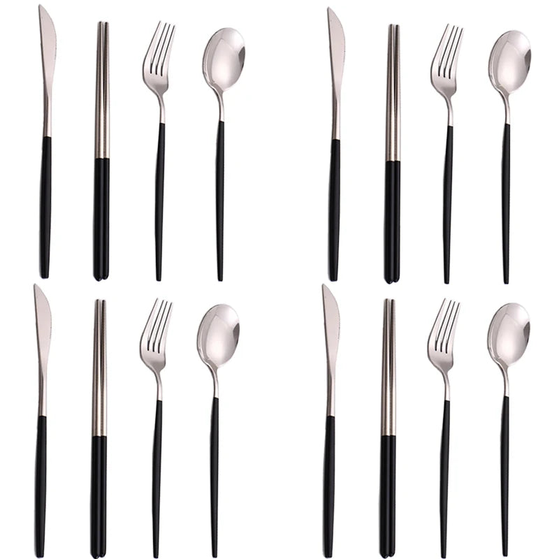 12-16 Pcs Black Gold Cutlery Set Chopsticks Knife Fork Spoon Golden Stainless Steel Korean Dinnerware Set Luxury Tableware Set