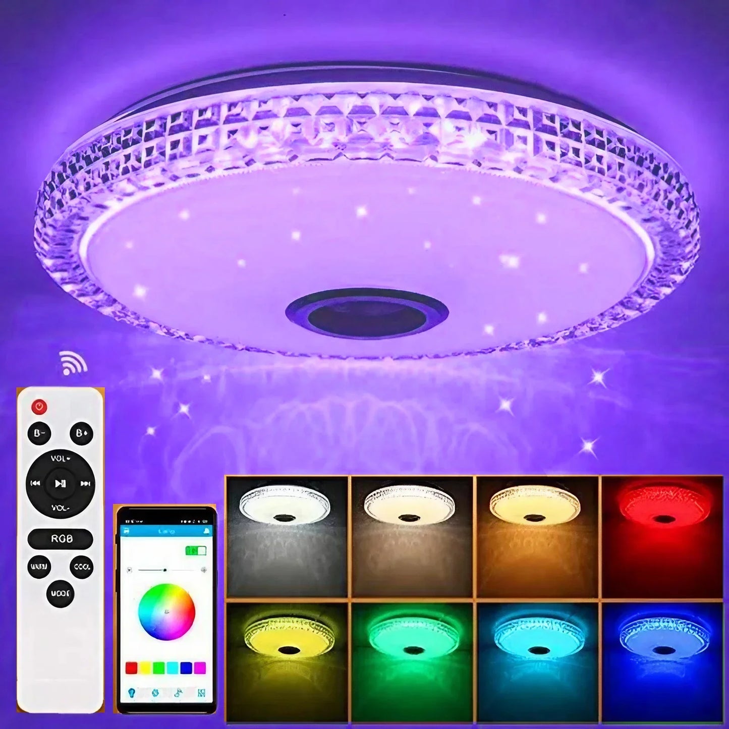 مصباح ذكي 300 واط لإضاءة السقف RGB LED مع خاصية التحكم عن بعد ومكبر صوت بلوتوث وإضاءة محيطية للمنزل وغرفة النوم وغرفة المعيشة