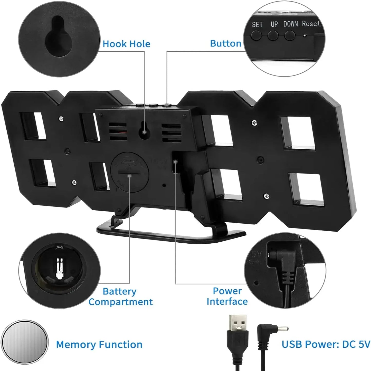 ساعة حائط رقمية ثلاثية الأبعاد مضيئة متعددة الوظائف إبداعية بمنفذ USB ساعة إلكترونية ديكور ساعة ليد كوين