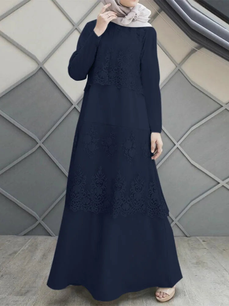 ZANZEA Spring Lace Patchwork Maxi Dresses Muslim Abaya Hijab Dress Women Long Sleeve O Neck IsIamic Robe Vestidos Kaftan 2025