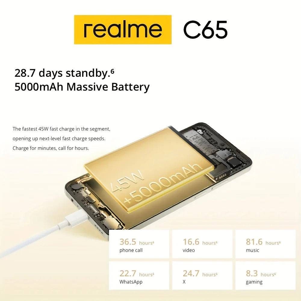 هاتف realme C65 الذكي كاميرا 50 ميجا بكسل AI شحن 45 وات SUPERVOOC شاشة كبيرة 6.67 بوصة بطارية 5000 مللي أمبير Helio G85 NFC