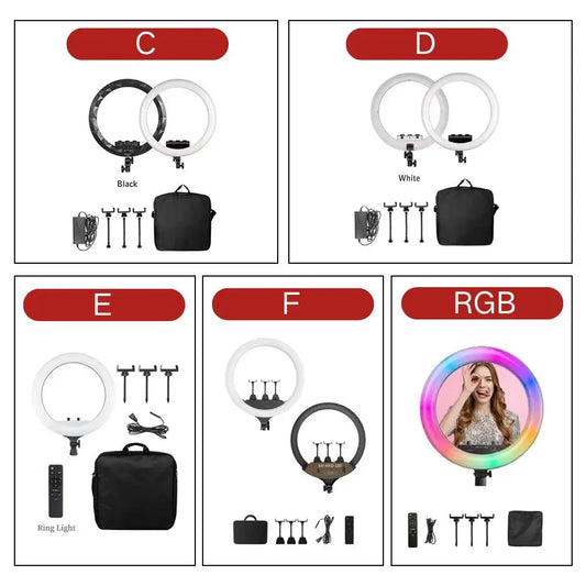 حلقة إضاءة LED كبيرة للتصوير الفوتوغرافي مقاس 18 بوصة، جهاز تحكم عن بعد لتصوير فيديو سيلفي بدون حامل ثلاثي القوائم للهاتف واليوتيوب والإضاءة المباشرة لاستوديو الصور
