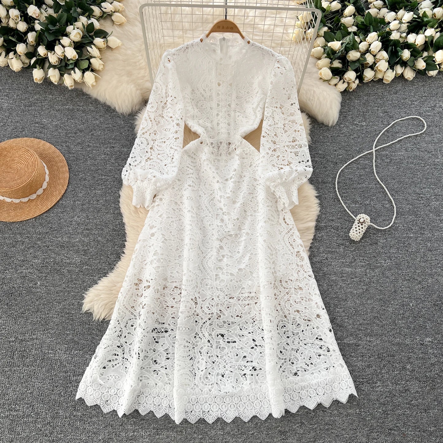 Elegant Long Lantern Sleeves Vintage O-neck Chic Hollow Out Hook Flower Slim Dresses Fashion Evening High Street Autumn Clothing