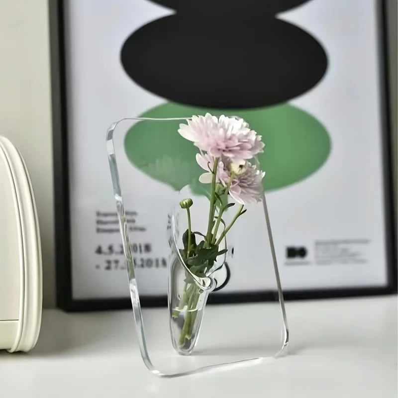 Acrylic Transparent Picture Frame Vase - Waterproof Modern Art Centerpiece, Unique Decorative Room Desk Vase for Living Room, Be