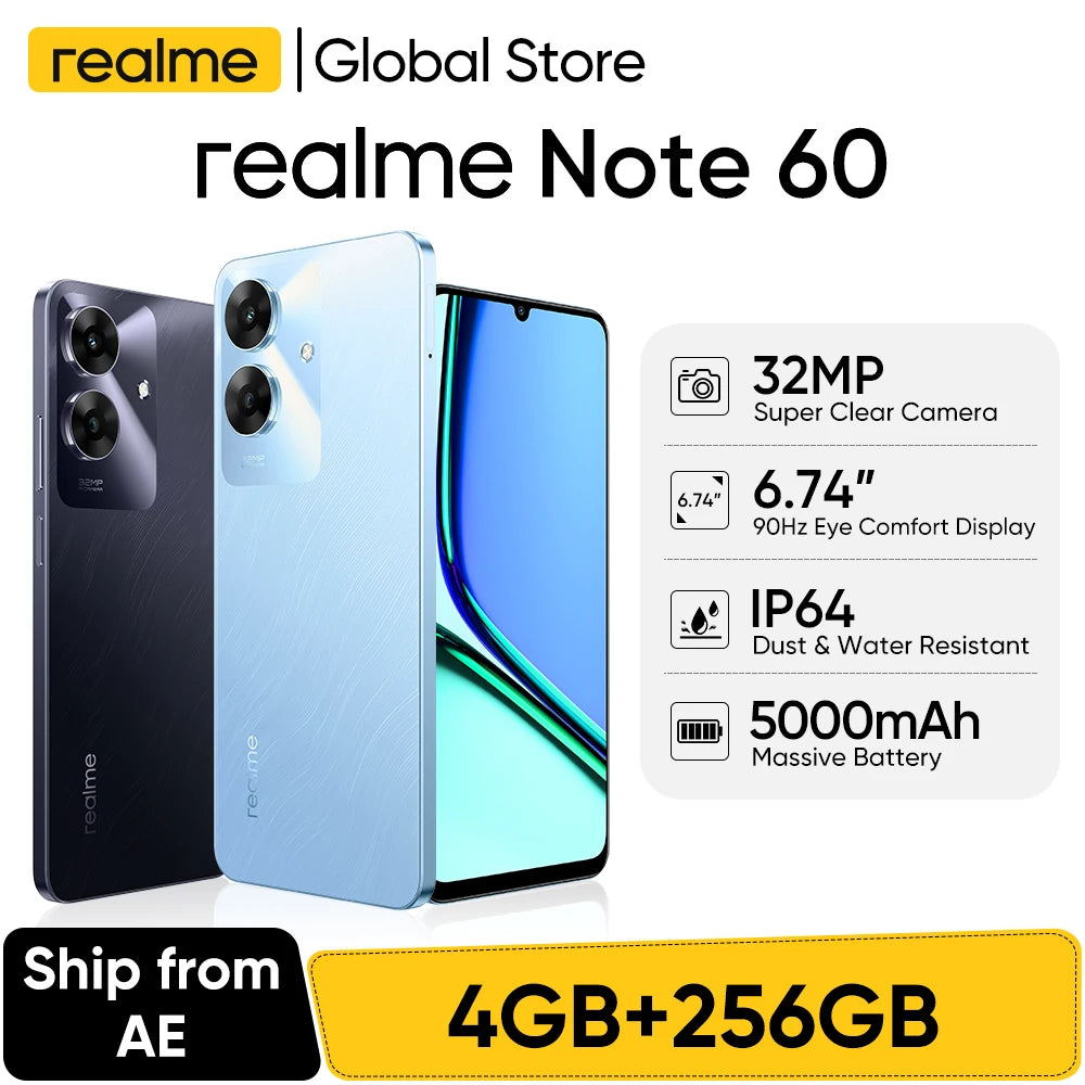 هاتف realme Note 60 بشاشة 6.74 بوصة ومعدل تحديث 90 هرتز وكاميرا فائقة الوضوح بدقة 32 ميجابكسل وبطارية 5000 مللي أمبير في الساعة IP64 مقاومة للماء والسقوط وحماية شاملة