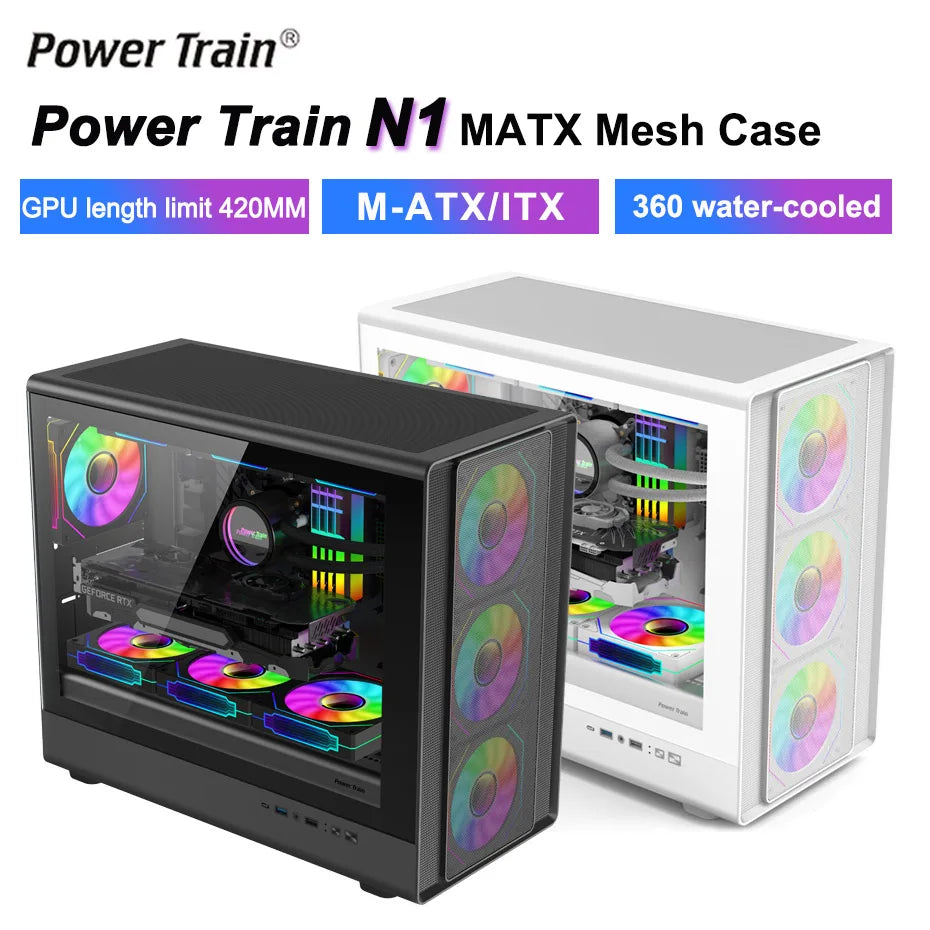 علبة سطح مكتب Power Train N1 MATX ذات جانب زجاجي عمودي وغطاء مضيف شفاف يدعم بطاقة رسوميات 420MM مبردة بالماء بزاوية 360 درجة