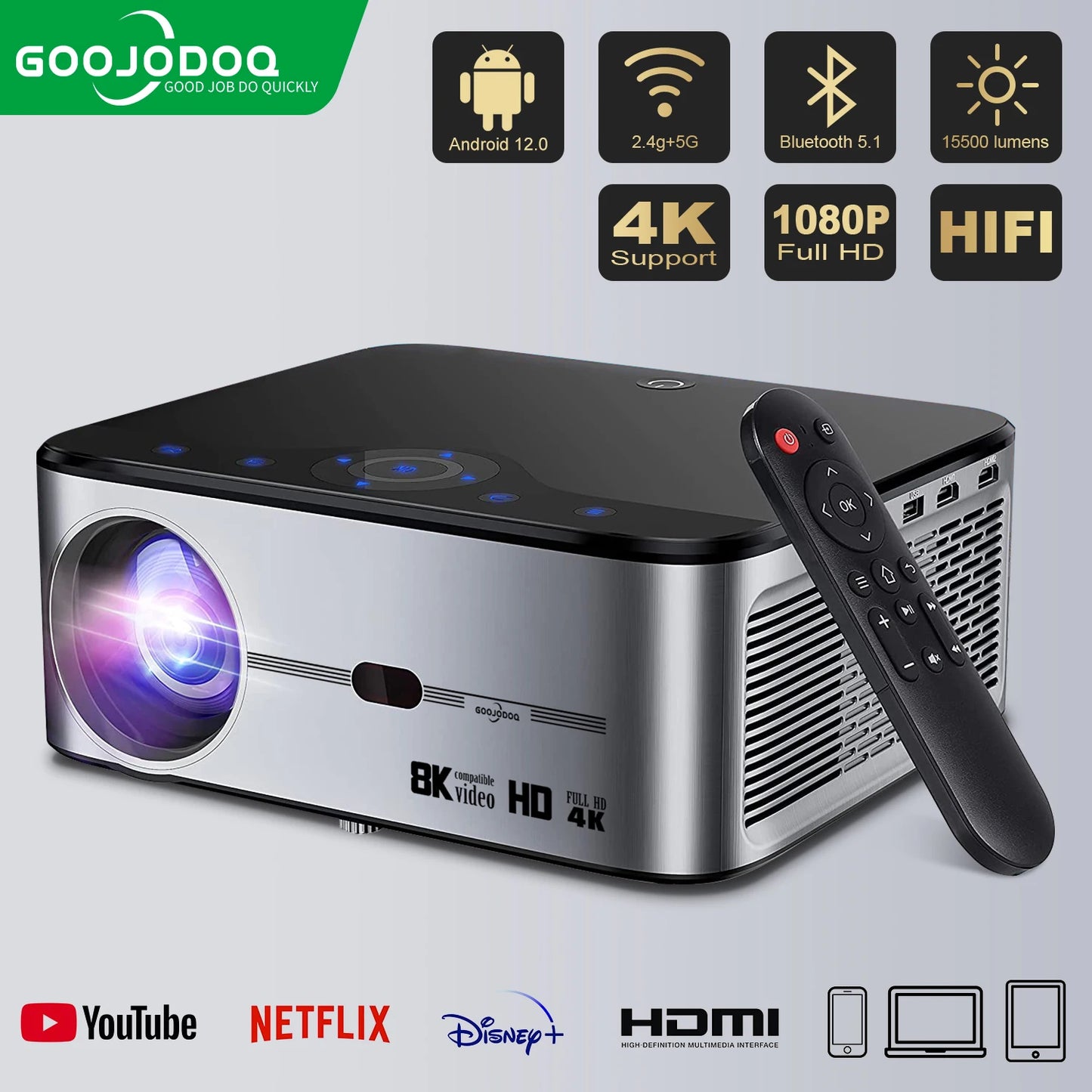 جهاز عرض GOOJODOQ T02 بدقة 1080 بكسل 4K Ultra HD 1920×1080 15500 لومن محمول 2.4 جيجا هرتز 5 جيجا بايت أندرويد/IOS مسرح منزلي ذكي خارجي