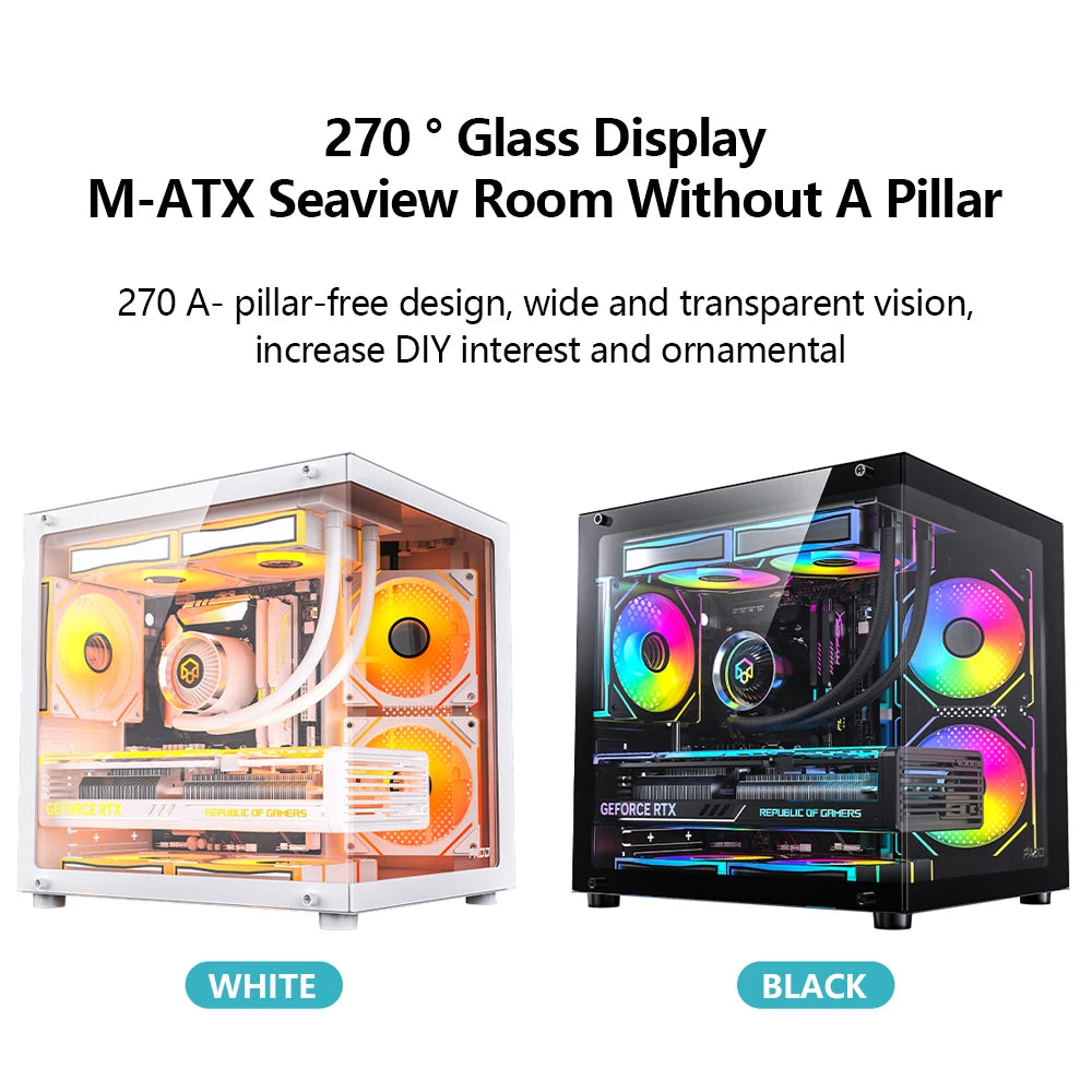 PADO YL M-ATX Gaming PC Case Desktop 270° Sea View Room Computer Case Without A-pillar Double-Sided Transparent PC Gamer Cabinet