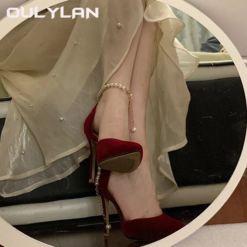 Women's Shoes Metal Buckle Strap Sexy Pointed Toe Fine High Heel Women's Shoes Wedding Shoes Bridal Bridesmaid Shoes Red Heels