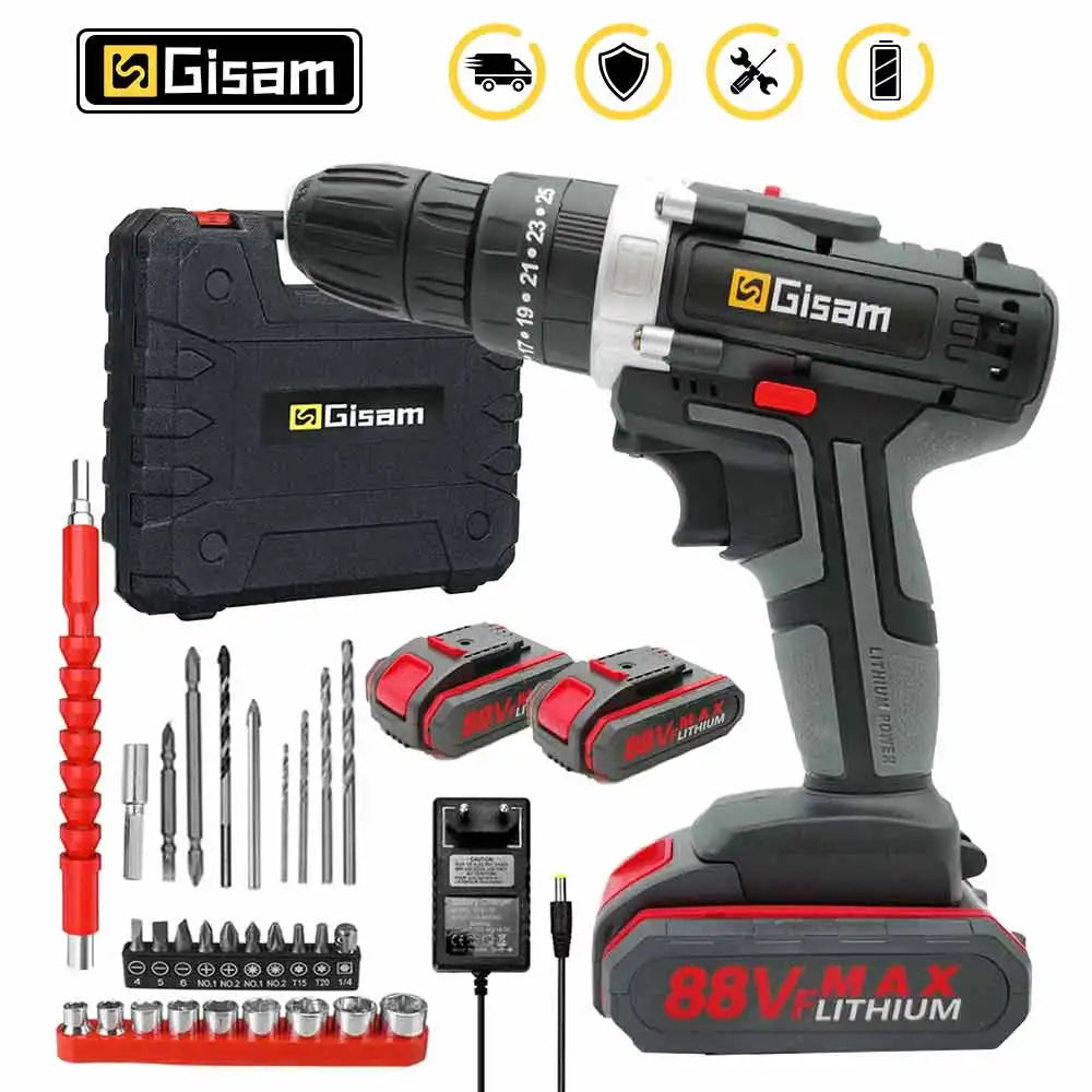 Gisam 88VF Electric Impact Drill Cordless Electric Screwdriver Drill Rechargeable Lithium Battery 2 Speeds Household Power Tools