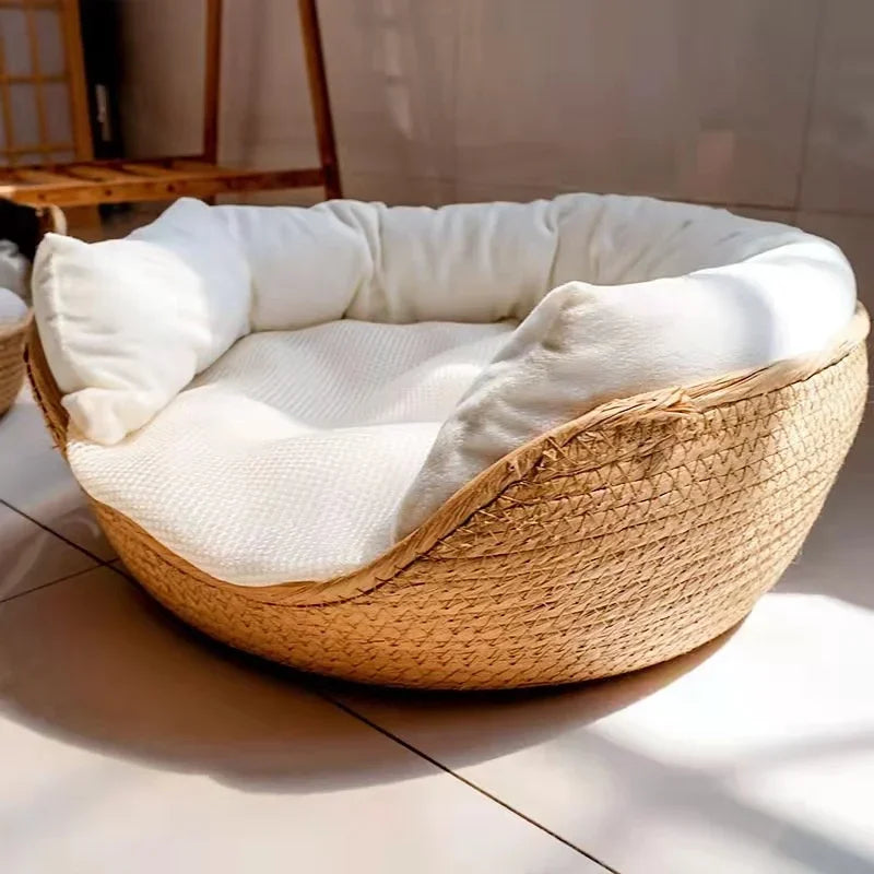 Pet Bed Cat Mat Kennel Dog Beds Sofa Bamboo Weaving Four Season Cozy Nest Baskets Waterproof Removable Cushion Sleeping Bag Toys