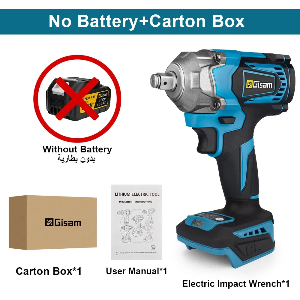 Gisam  1200N.M Brushless Electric Impact Wrench 1/2 inch Screwdriver Cordless Electric Wrench Power Tools for Makita 18V Battery