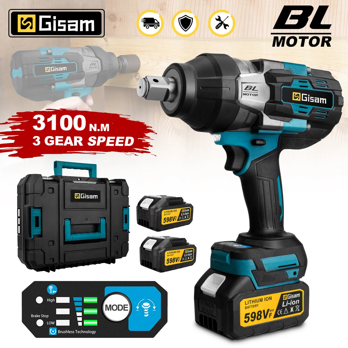 Gisam 3100N.M Torque Brushless Electric Impact Wrench 3/4 inch Cordless Electric Wrench Power Tools for Makita 18V Battery