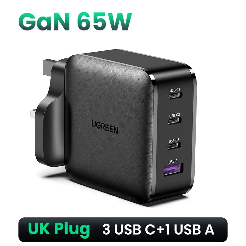 شاحن UGREEN UK Plug GaN 100W 65W سريع QC 4.0 3.0 لجهاز Macbook Air Tablet iPhone 16 15 14 Pro Max Xiaomi USB Type C PD Charger