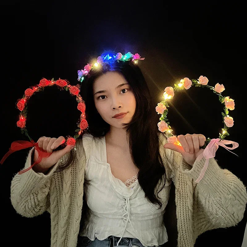 Luminous LED Rose Wreath with Ribbon Artificial Flower Crown Fashion Lighting Girls Women Hairband Birthday Wedding Decoration