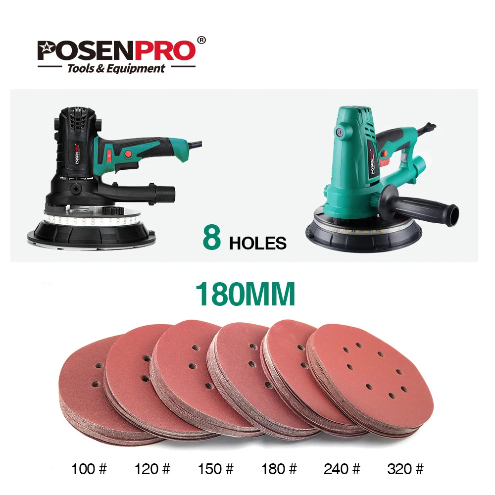 POSENPRO Sandpaper 180/225mm holes Sanding paper grits 180mm Electric Drywall Sander Polisher Aluminium Oxide Hook Loop