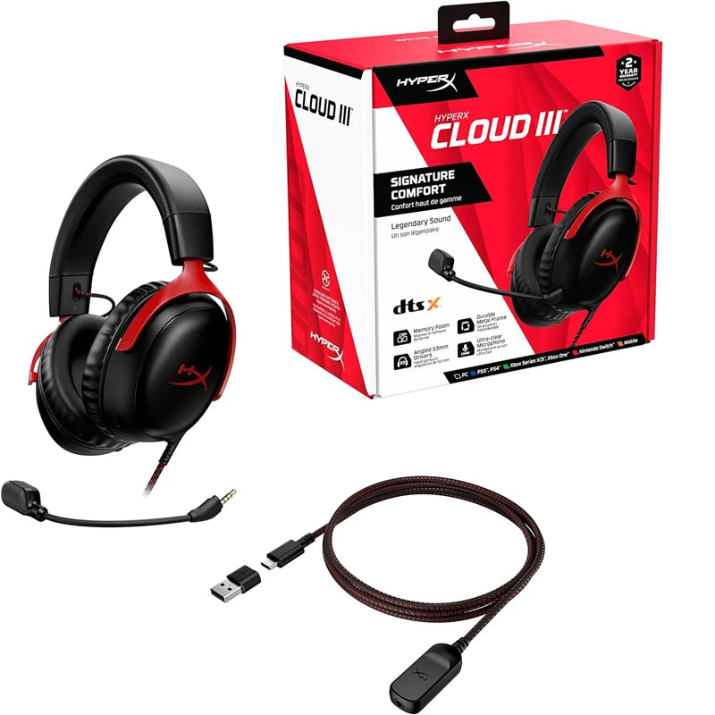 سماعة رأس سلكية للألعاب HyperX Cloud 3 III مع ميكروفون DTS Sound / تدعم برنامج HyperX سماعة رأس USB للألعاب للكمبيوتر الشخصي وPS وXbox وSwitch