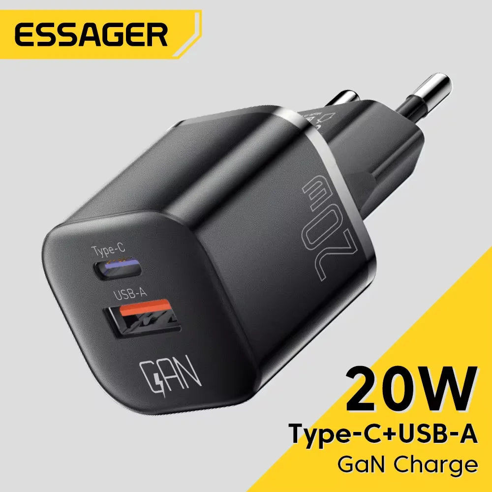 شاحن Essager 20W GaN USB Type C للشحن السريع PD QC 3.0 للهواتف الذكية iPhone 14 13 12 11 Pro Max Mini iPad