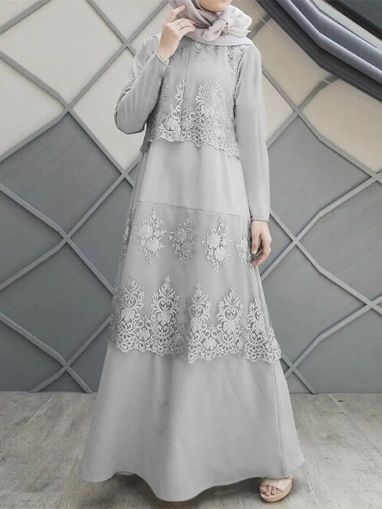 ZANZEA Spring Lace Patchwork Maxi Dresses Muslim Abaya Hijab Dress Women Long Sleeve O Neck IsIamic Robe Vestidos Kaftan 2025