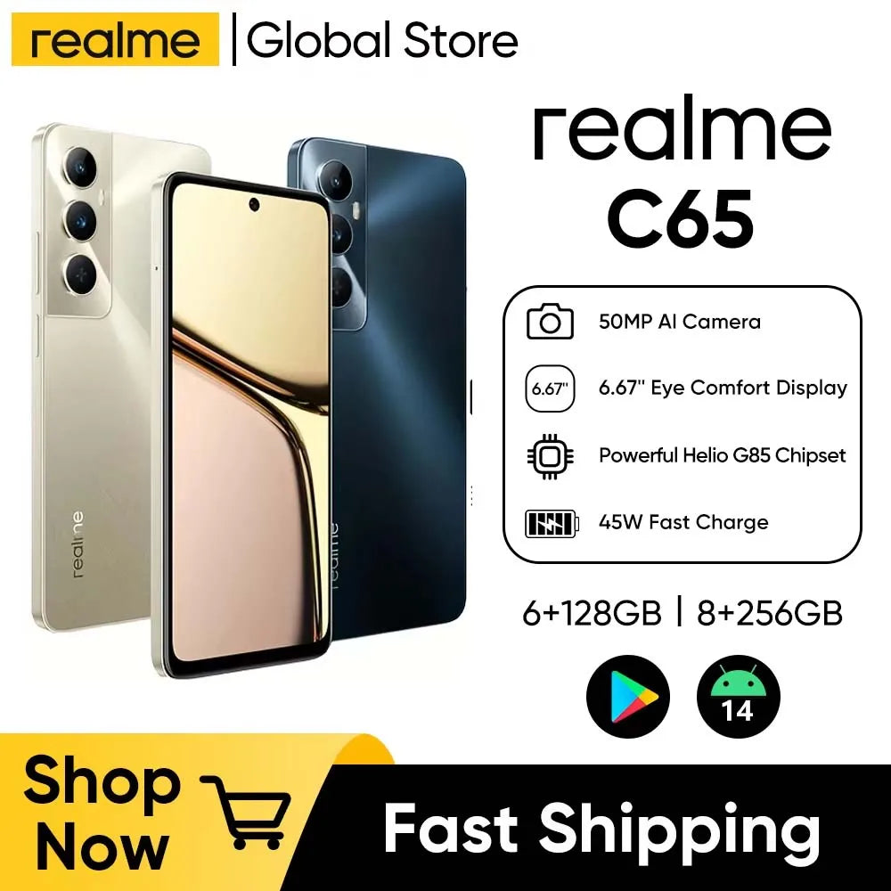 هاتف realme C65 الذكي كاميرا 50 ميجا بكسل AI شحن 45 وات SUPERVOOC شاشة كبيرة 6.67 بوصة بطارية 5000 مللي أمبير Helio G85 NFC