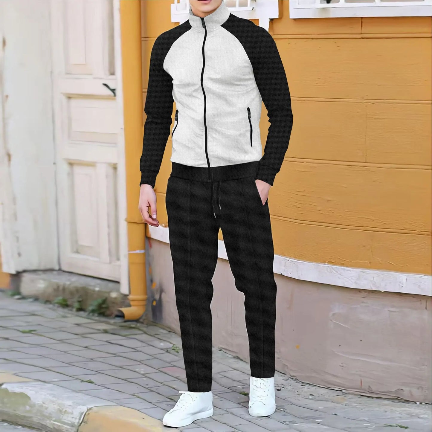 Spring and autumn men's casual suit fashion color contrast with rotator sleeve high neck jacket + trousers casual outdoor sports