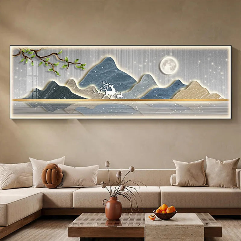 New Chinese Fengshui Mountain Canvas Painting Luxury Deer Landscape Posters Wall Pictures for Living Room Bedroom Decor Unframed