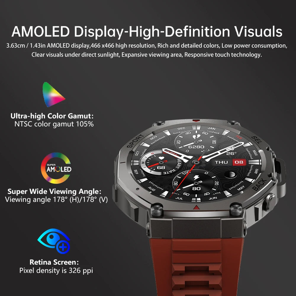 Rainbuvvy DM58 GPS Smart Watch 1.43 Inch AMOLED IPS Display Heart Rate Blood Oxygen 5ATM Waterproof Rugged Smartwatch