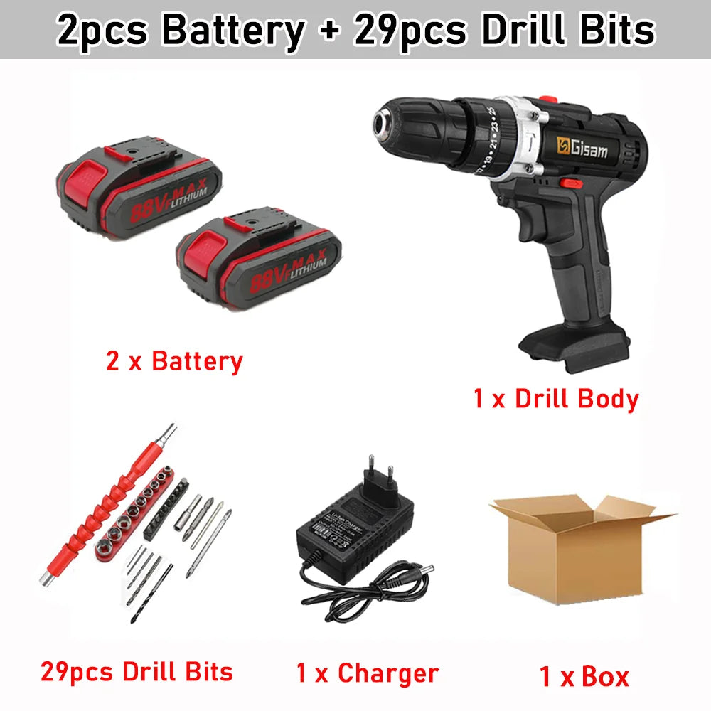 Gisam 88VF Electric Impact Drill Cordless Electric Screwdriver Drill Rechargeable Lithium Battery 2 Speeds Household Power Tools