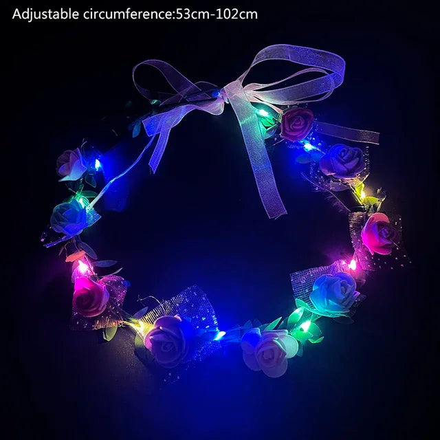 Luminous LED Rose Wreath with Ribbon Artificial Flower Crown Fashion Lighting Girls Women Hairband Birthday Wedding Decoration