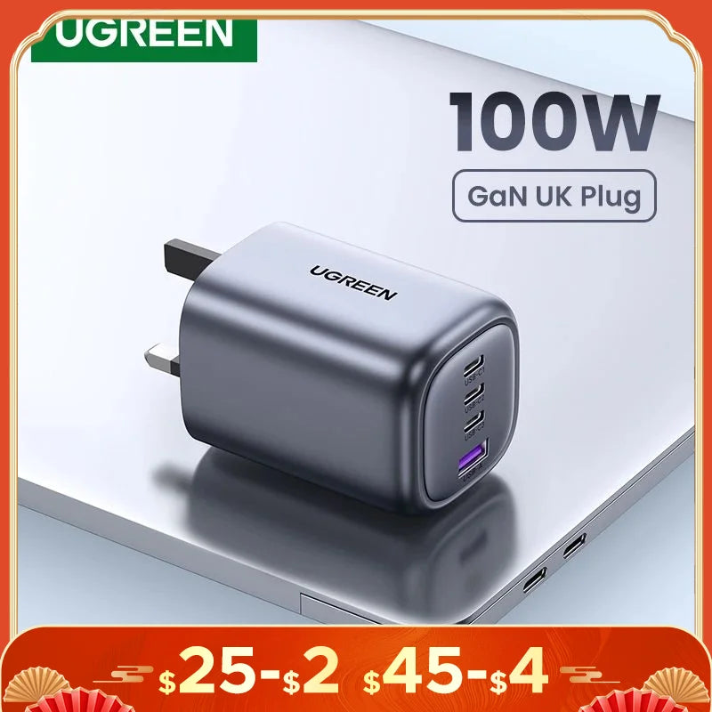 شاحن UGREEN UK Plug GaN 100W 65W سريع QC 4.0 3.0 لجهاز Macbook Air Tablet iPhone 16 15 14 Pro Max Xiaomi USB Type C PD Charger