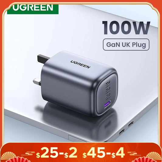 UGREEN UK Plug GaN 100W 65W Fast Charger QC 4.0 3.0  for Macbook Air Tablet iPhone 16 15 14 Pro Max Xiaomi USB Type C PD Charger