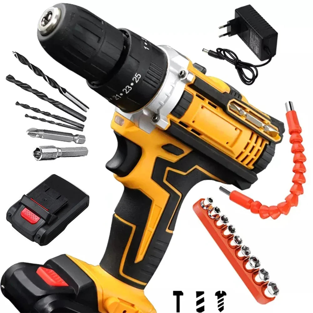 25+3 Torque Battery Impact Screwdriver Cordless Drill Household Power Tool Setting 2 Gear Speed Electric Screwdriver