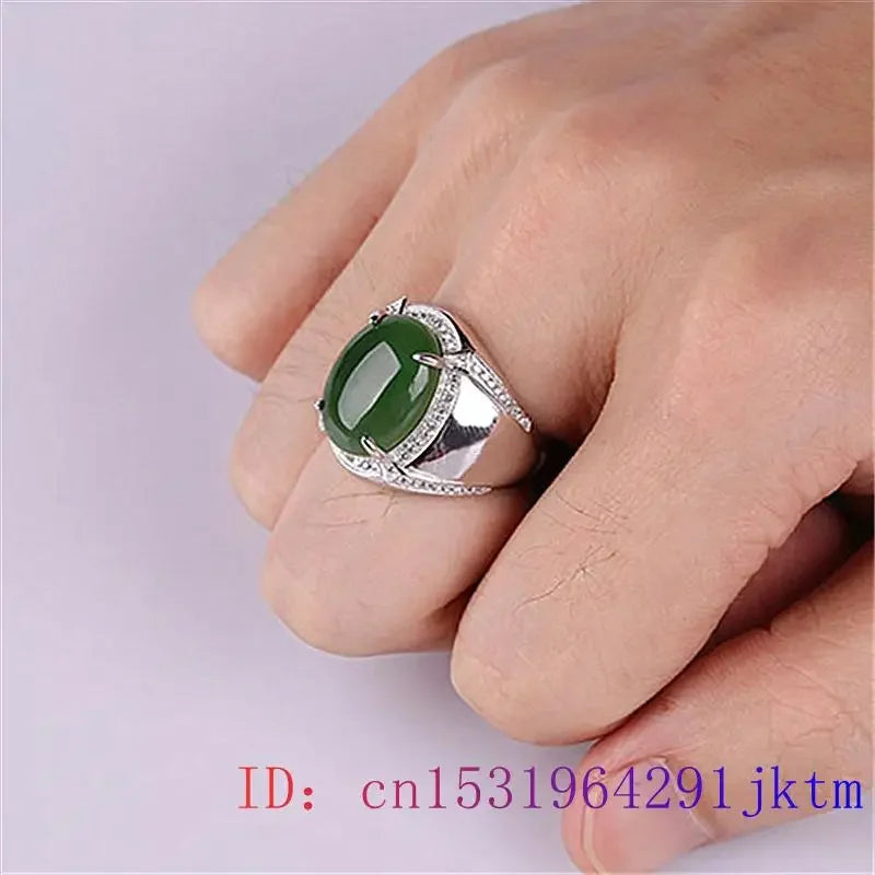 Green Jade Ring Men Zircon Fashion Crystal Charm Gifts Amulet Gemstone 925 Silver Natural Chalcedony Women Jewelry