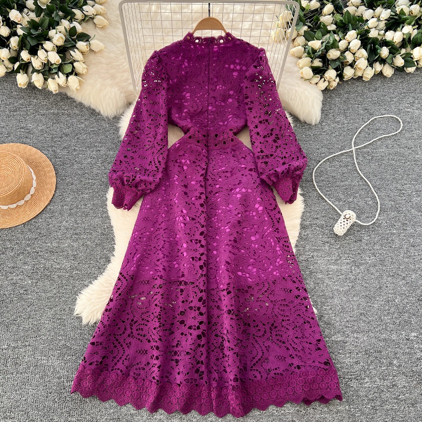 Elegant Long Lantern Sleeves Vintage O-neck Chic Hollow Out Hook Flower Slim Dresses Fashion Evening High Street Autumn Clothing