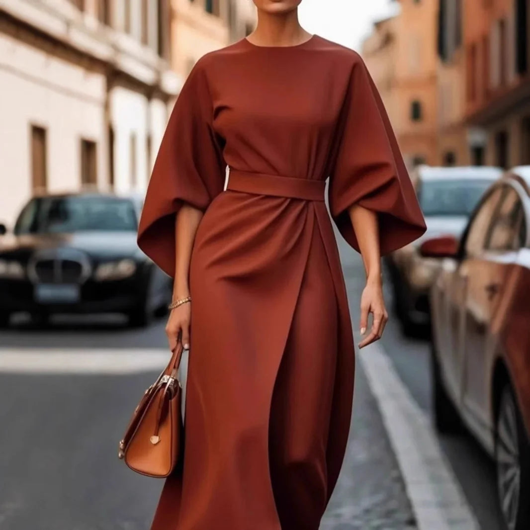 Spring Autumn Fashion OL Dress Women Elegant Solid Round Neck Flared Sleeves High Waist Straight Tube Long Dress Women 2025 New