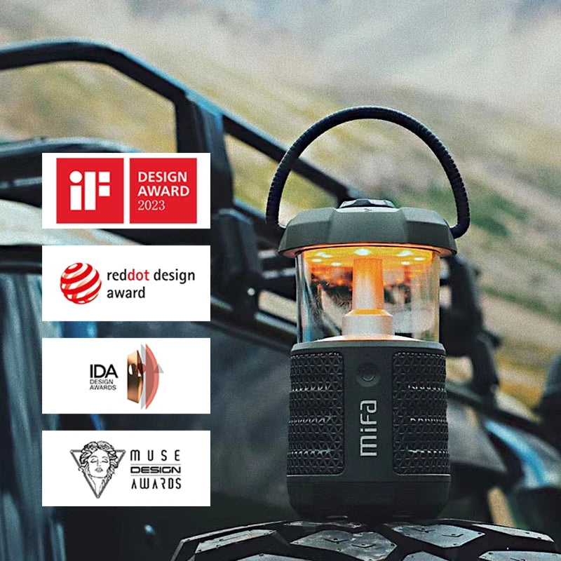 مكبر صوت Mifa Wild Camping Outdoor Bluetooth 5.3 مع فانوس، صوت قوي 360 درجة، إضاءة 360 درجة، مقاوم للماء IP67، وقت تشغيل 38 ساعة