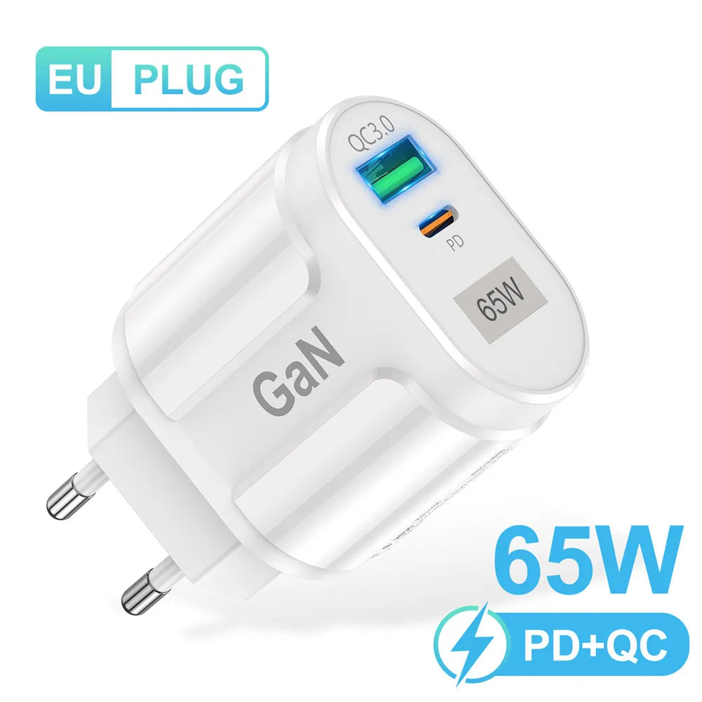 USLION 65W GaN USB Charger AU EU US UK Plug Fast Charging Tablet Laptop USB C Quick Charge QC 3.0 Mobile Phone Charger Travel