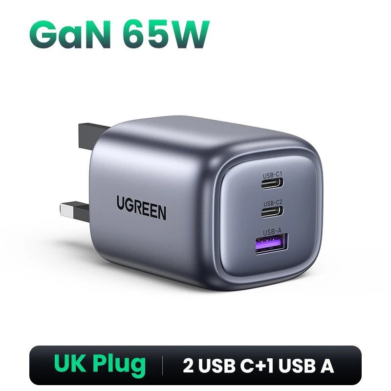 شاحن UGREEN GaN بقوة 65 وات بتقنية الشحن السريع 4.0 3.0 USB C لأجهزة iPhone 16 15 14 Pro Max والكمبيوتر المحمول وMacbook Air والكمبيوتر اللوحي وشاحن PD السريع