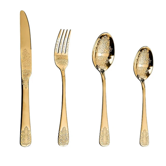 1/2/4/8/24 Pcs Gold Luxury Cutlery Sets Fork Spoon Knife Silverware Kit Vintage Carved Tableware Set European Dinnerware